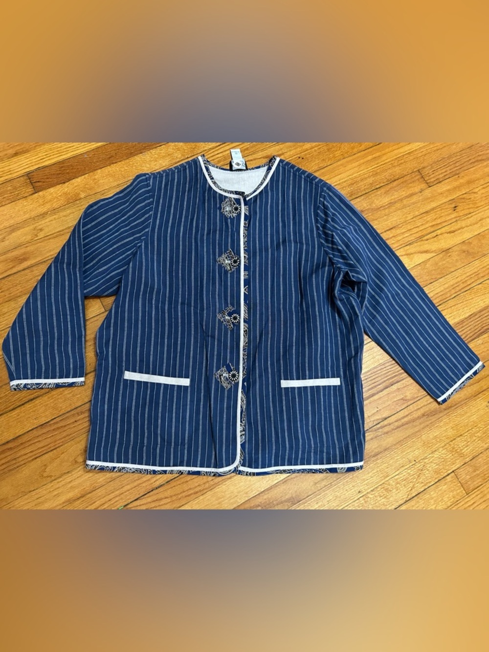 Women's Koos Of Course Reversible Linen Blend Artsy  Jacket Blue Size 1X